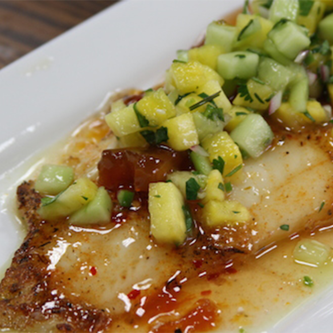 Planked Halibut w Peach Glaze and Pineapple, Cucumber Salsa_Featured