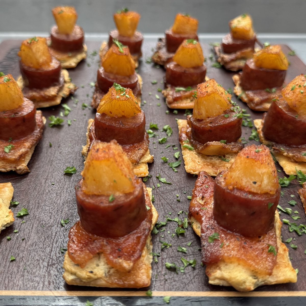 Smoked Pineapple Sausage Cracker Bites on the Yoder