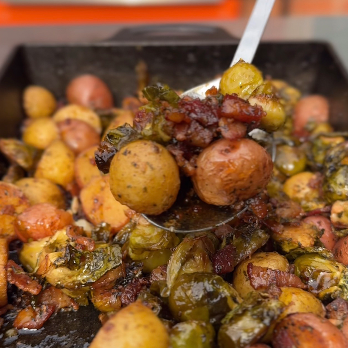 Smoked Bacon Brussel Potatoes on the Yoder